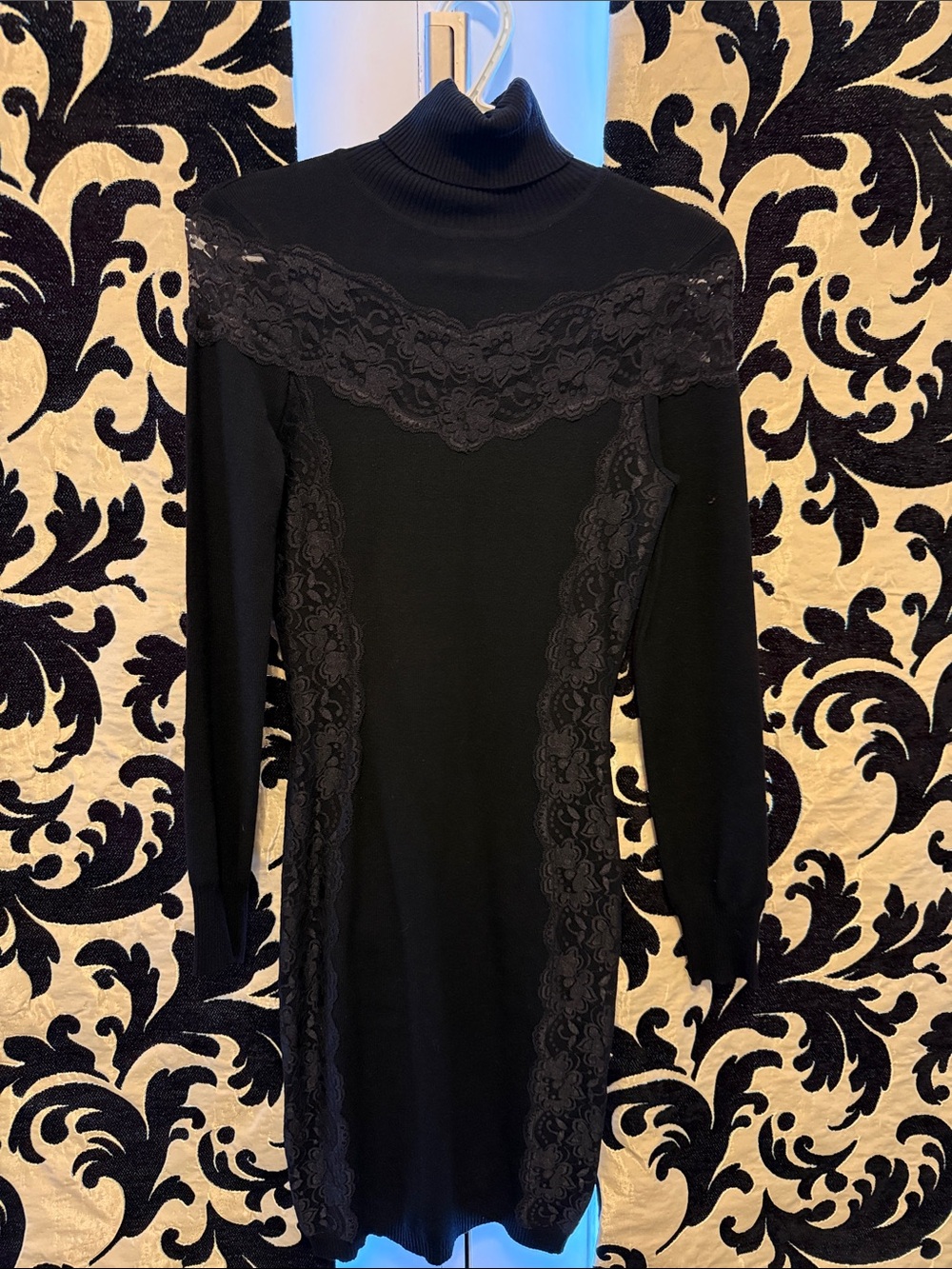 le chateau Black Lace-Trim Turtleneck Dress
